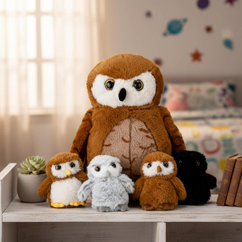 Hollowfly 5 Set 13.4" Mommy 4 Set Pcs Owls Plush Toy Gift Barn Owls with Cute Babies Stuffed Animal in Zippered Back