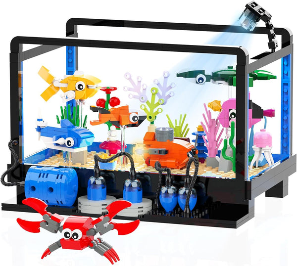 Tenhorses Fish Tank Building Block Set, Lighting Aquarium Sets with Marine Life, Submarine, and Treasure Chest