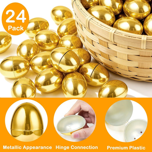 24 Pack 2.36" TURNMEON Golden Easter Eggs Empty, Shiny Metallic Plastic Easter Eggs Fillable Surprise Gold Eggs