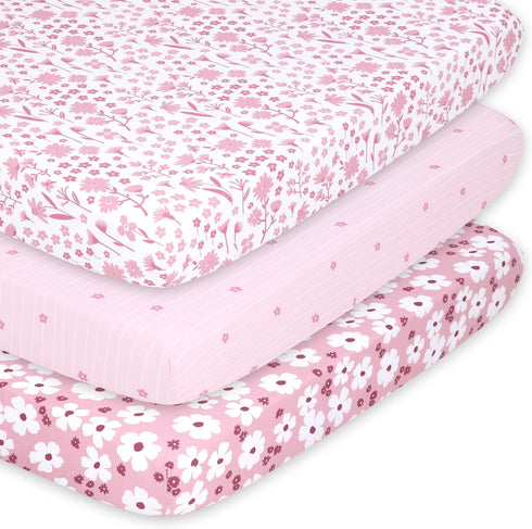 The Peanutshell Pack n Play Sheets for Baby Girl, Fitted Mini Crib Sheets, Floral Daisy 3 Pack for Playard Bedding