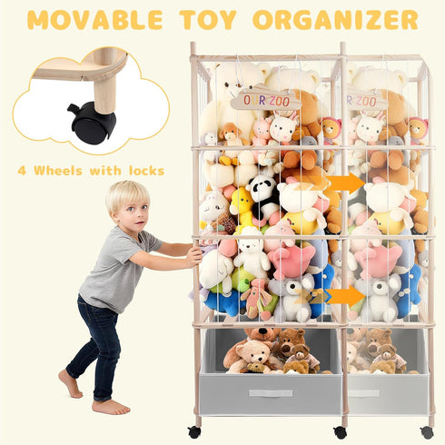 64" Stuffed Animal Storage, Super Large Plush Toy Organizer with Wheels, Wooden Stuffed Animal Holder with Removable