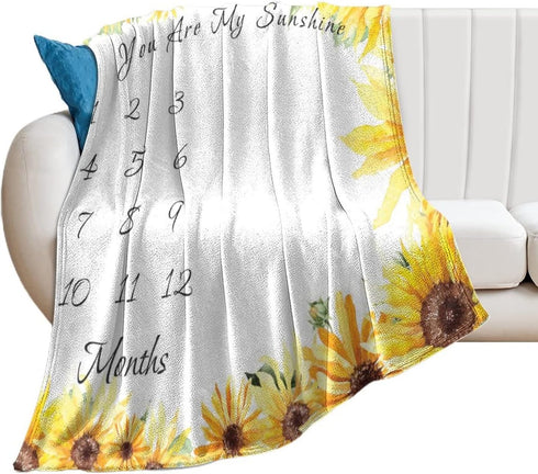 Sunflower Baby Monthly Milestone Blanket for Girls, Newborn Yellow Floral Month Blanket, Soft Flannel Photography