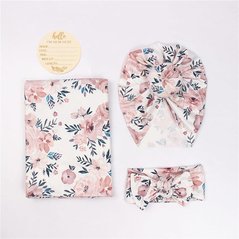 Buduhek Sets Baby Receiving Swaddle Blanket and Headband with a Name Card for Baby Girl (Pink and Blue Floral)