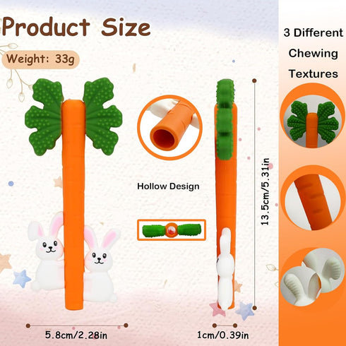 3 (1) Baby Teething Toys Silicone Carrot Rabbit Hollow Teething Tubes -Sensory Chew Toys Over Months - Teether Straws