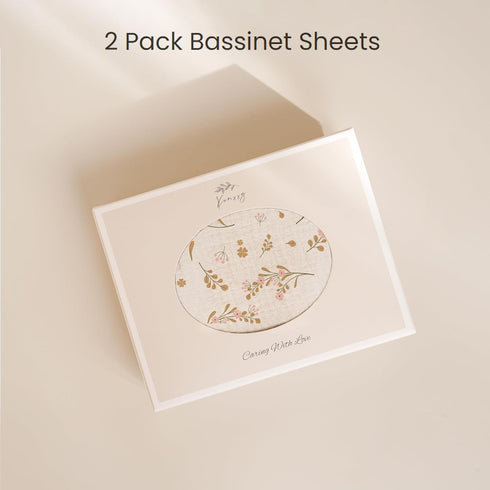 Konssy 2 Pack Muslin Fitted Bassinet Sheets, Soft Breathable Sheets for Baby Girl Boy, Fit for Bassinets (Pink, Floral)