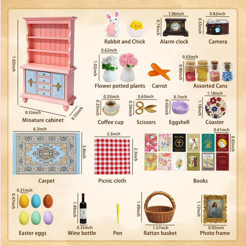 Set 40 1/12 Vintage Springtime Hutch - Pcs Dollhouse Miniatures Scale Accessories, Wooden Bookshelf with Books