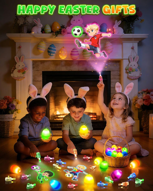 24 Pack CPSYUB Easter Egg Fillers for Kids, Glow in the Dark LED Finger Lights Easter Toys with Football Pattern