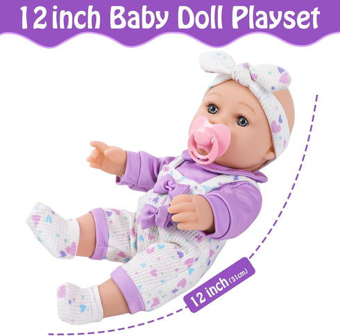 12" Backpack Carrier,12 Inch 3+ UZIDBTO Baby Doll with Flower Pattern Realistic Baby Dolls with Clothes and Accessories