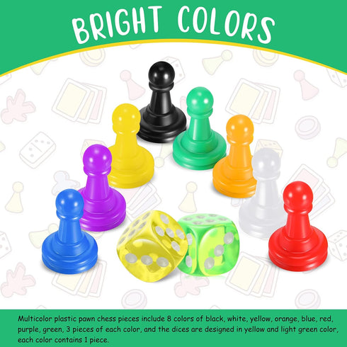 26 Pieces Multicolor Board Game Components, Includes 24 Plastic Pawn Chess Pieces and 2 Plastic 6-Sided Dice
