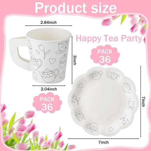 36 Set Nuenen Color Your Own Tea Party Paper Cups with Handles Disposable Tea Cups and Saucers Plates DIY Coloring
