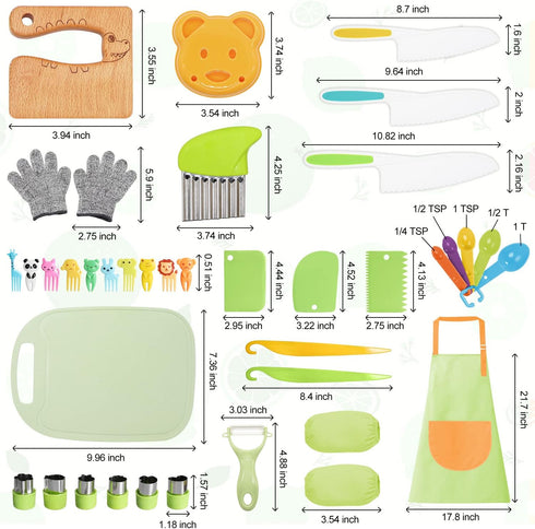 50PCS Set Kids Kitchen Cooking - Crocodile Wooden Kid Safe Knife Cutting Board Apron Gloves Fruit Vegetable Crinkle