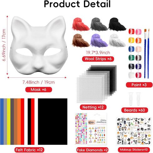 111 Sets Blurap PCS Cat Masks to Paint Therian Mask Kit DIY Therian Mask Base DIY Cat Fox Furry Masks Arts Crafts