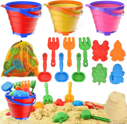 Fegalop Collapsible Beach Toys for Toddler,Sandbox Toys for Kids 3 Packs Foldable Buckets