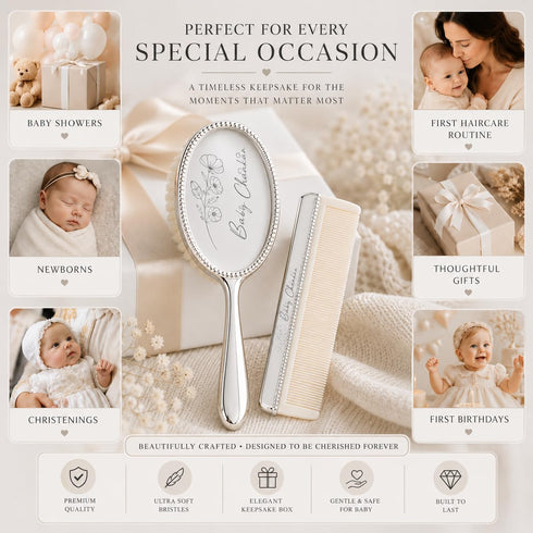 Set Custom Birth Flower Silver Baby Brush Newborn Keepsake Gift