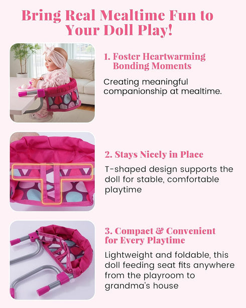 1220 Inch 3+ BABESIDE Baby Doll High Chair for Dolls, Foldable Table Seat Doll Furniture, Portable Feeding Chair