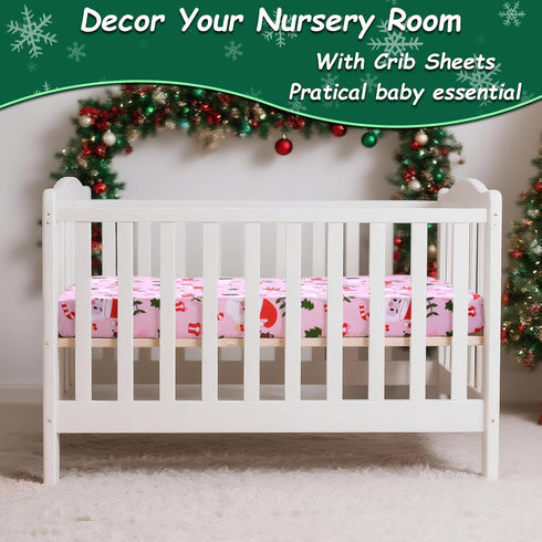 52" 28" Christmas Crib Sheet, Baby Fitted Crib Sheet with Santa Claus, Christmas Trees, Gingerbread, Measuring x to fit