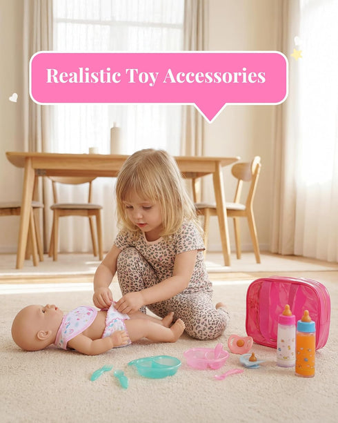 13 Set Set BABESIDE Pcs Baby Doll Accessories with Magic Bottles Diapers Pacifiers and Storage Bag, Baby Doll Feeding