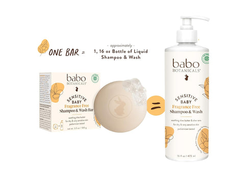 2-in-1 Babo Botanicals Sensitive Baby Fragrance-Free Shampoo & Wash Bar - Shea Butter, Calendula & Aloe Vera - EWG