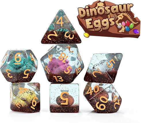 Gate Keeper Games and Dice: Inclusion Dice - 7pc RPG Set with Multi-Colored Dino Eggs & Brown Glitter