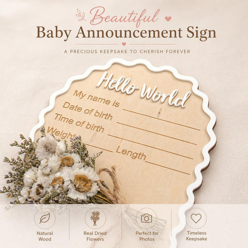 Wonhibo Daisy Newborn Announcement Sign - Baby Hospital Photo Prop Wooden Board Card with Real Pressed Flowers Hello