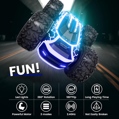 Tecnock Remote Control Car for Boys 4-7, 2.4GHz Stunt Car with Lights, 360° Rotating Toy for Kids