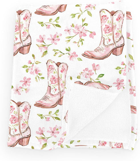 Wicbfdfv Watercolor Cowgirl Boot Pink Baby Blanket Girls Boys Cowgirls Floral Leaves Swaddle