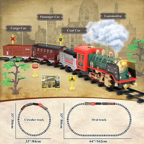 Mini Tudou Christmas Electric Train Set w/Steam, Sound & Light, Remote Control Train Toys with Steam Locomotive Engine,