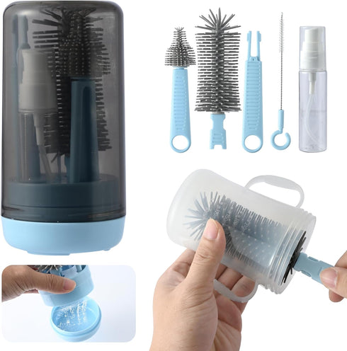 Travel Bottle Cleaner Kit - Portable Baby Bottle Brush Set with Silicone Cleaning Brush and Drying Base
