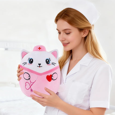 8-Inch Nurse Cat Stuffed Animal, Pink Cat Plush Toy with Stethoscope Embroidery, Cute Cat Plushie Pillow Gifts