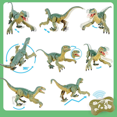 VERTOY Remote Control Dinosaur Toy - Walking Velociraptor with Light and Sound for Kids 3-12