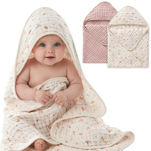 Blissful Diary Muslin Baby Hooded Towel 2 Pack, Soft & Absorbent Bath