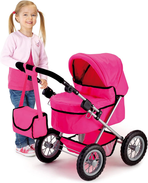 Bayer Design Trendy Pram for Dolls Up to 18" - Hot Pink, Includes Shoulder Bag, Adjustable Handle, Ages 3+