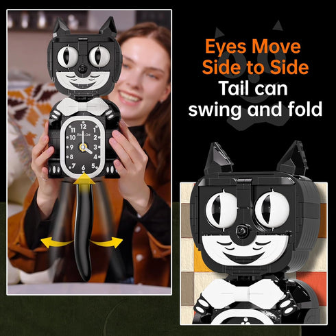Set,Cat 12+ JAKI Black Cat Swing Clock Building Blocks Clock with Moving Eyes and Tail, Battery Operated Wall