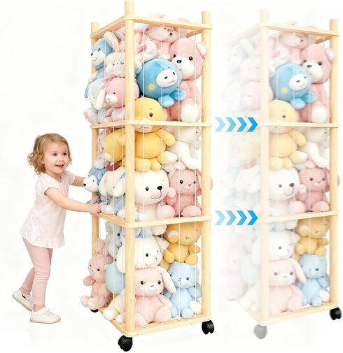 Stuffed Animal Zoo Storage - Sturdy Solid Wood Toy Organizer with Lockable Wheels, Easy-Assemble/Clean, Large Capacity