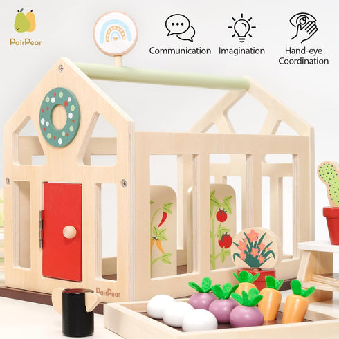 PairPear Flower Garden Toy Greenhouse Playset, Toddlers Wooden Dollhouse Garden Toys, Pretend Play Food Set for 3 Years