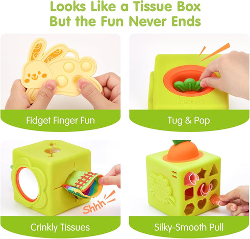 6-12 6 6-in-1 9 hahaland Silicone Baby Tissue Box Toy - Baby Toys Months Montessori Toys for Month Old Babies, Soft