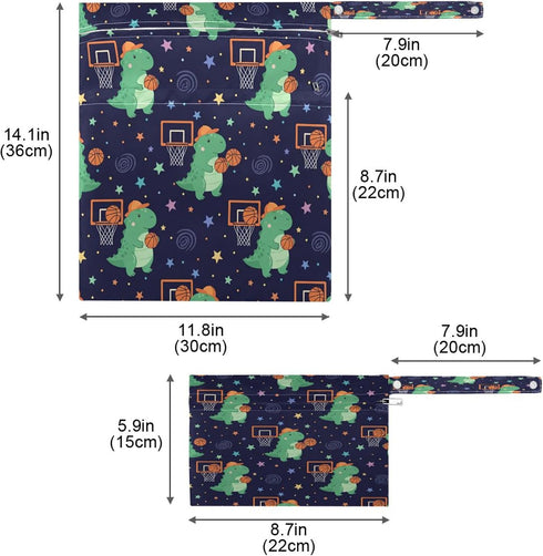 Burbuja 2 Pack, 2 Dinosaur Wet Dry Bags for Baby Cloth Diaper Waterproof Reusable Wet Bag with Zippered Pockets
