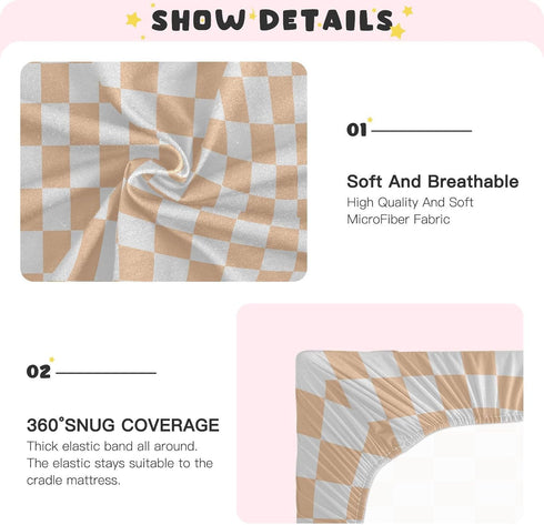 Pigsaly 27x39 Inch Crib Sheets Light Orange Gray Checkered Baby Sheet for Standard Crib Mattress Boys Girls Toddler Bed