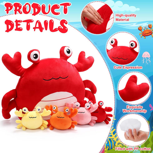 5 4 DoubleFill Pcs Crab Stuffed Animal Plush Toys Crab Mom with Baby Plushies Sea Ocean Stuffed Animal Pillows, Gifts
