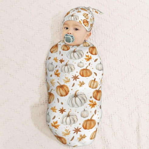 Sets Pumpkins and Anise Stars Newborn Swaddle Blankets Hat Soft Baby Receiving Blanket Swaddle Sack for Baby Shower