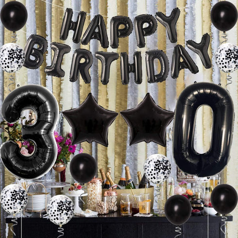 JOYMEMO 30th Birthday Decorations - Black Dirty Thirty Foil Balloon, Cake Toppers, Happy Birthday Banner, Star Confetti