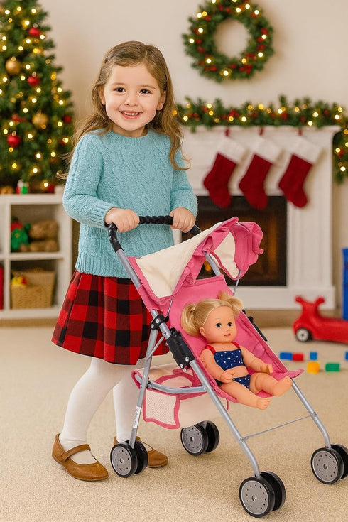 18" 2 fash n kolor My First Doll Stroller with Basket - Pink Off-White Foldable Doll Stroller - Fits Upto Dolls, Free