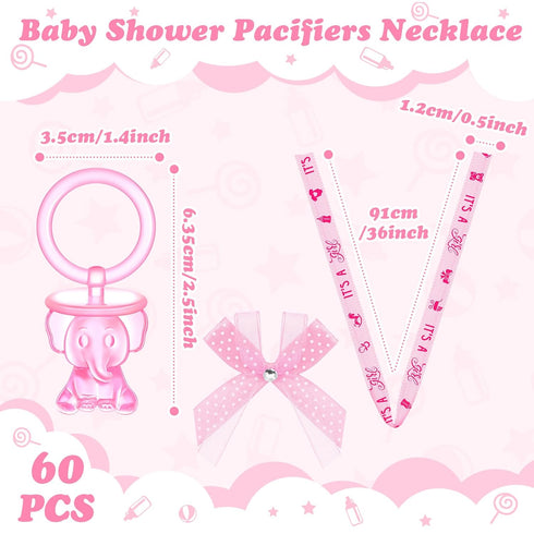 Tondiamo 60 Pcs Baby Shower Pacifiers Elephant Necklace Acrylic Baby Shower Party Favors with Cute Rhinestone Bows