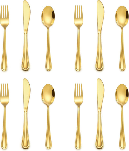 12-Piece Gold Kids Silverware Set, E-far Stainless Steel Toddler Utensils Safe for Preschooler/Children, Includes 4