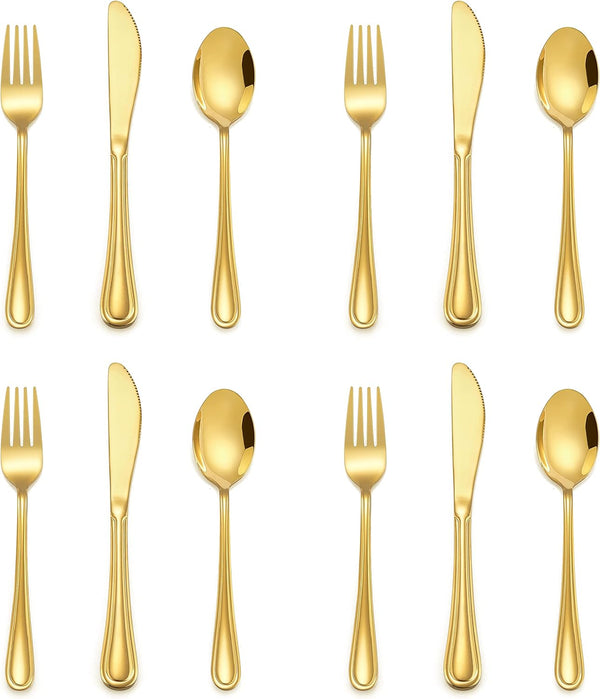 12-Piece Gold Kids Silverware Set, E-far Stainless Steel Toddler Utensils Safe for Preschooler/Children, Includes 4