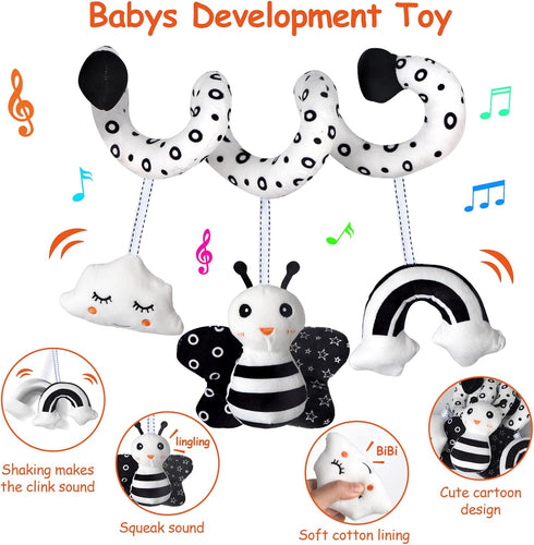 Car Seat Toys - Infant Baby Spiral Activity Hanging Toys for Stroller & Crib with BB Squeaker and Rattles (Bee)