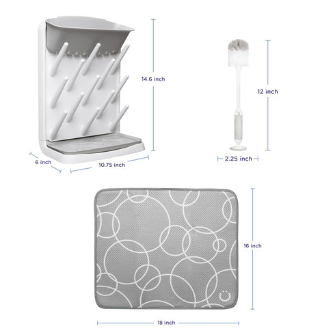 13 2-in-1 Ubbi Vertical Spacing Saving Bottle Drying Rack with Pegs, Bottle Brush & Microfiber Drying Mat Bundle
