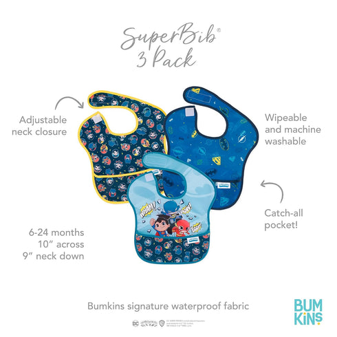 Bumkins SuperBib Baby and Toddler Bibs for 6-24 Months - Essential Feeding Supplies, 3-Pack DC Comics