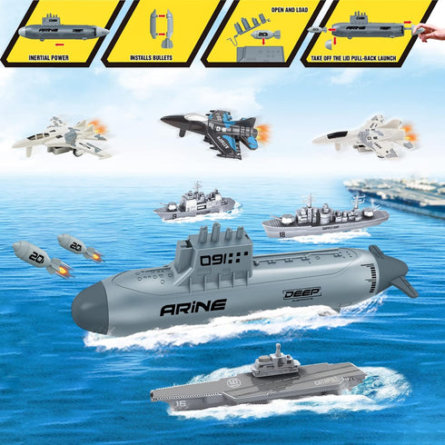 Set deAO Aircraft Carrier Toy Military Submarine Naval Ship Play with Planes Army Toy Battleship for Kids Boys Girls