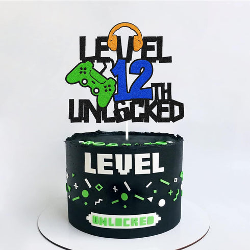 Level 12th Unlocked Cake Topper, Happy 12th Birthday Cake Decoration, Video Game Controller Theme Party Supplies